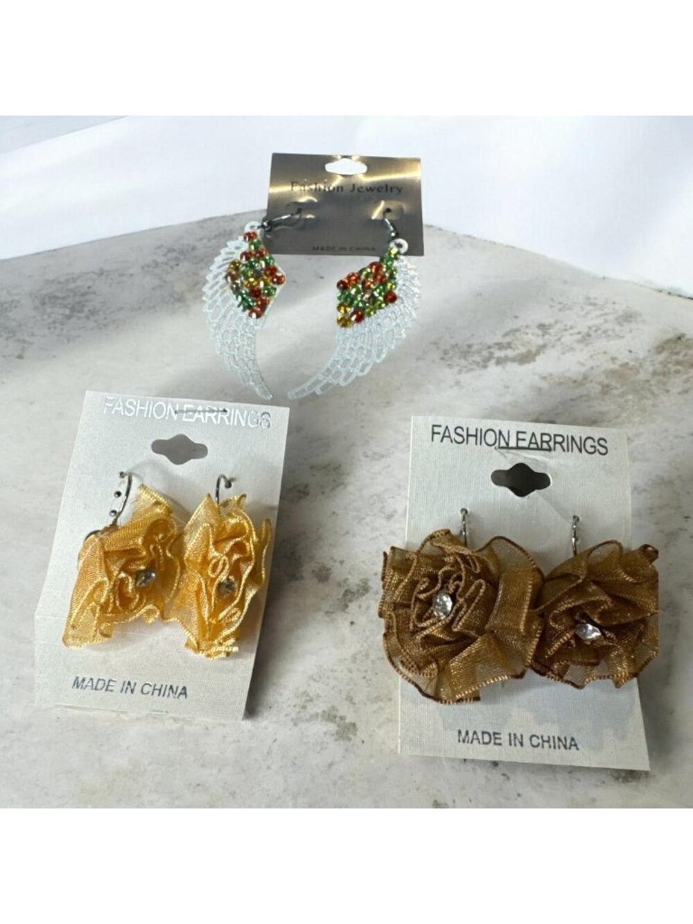 Set Of 3 Fashion Earrings With Floral And Wing Designs Gold & Brown Fabric With